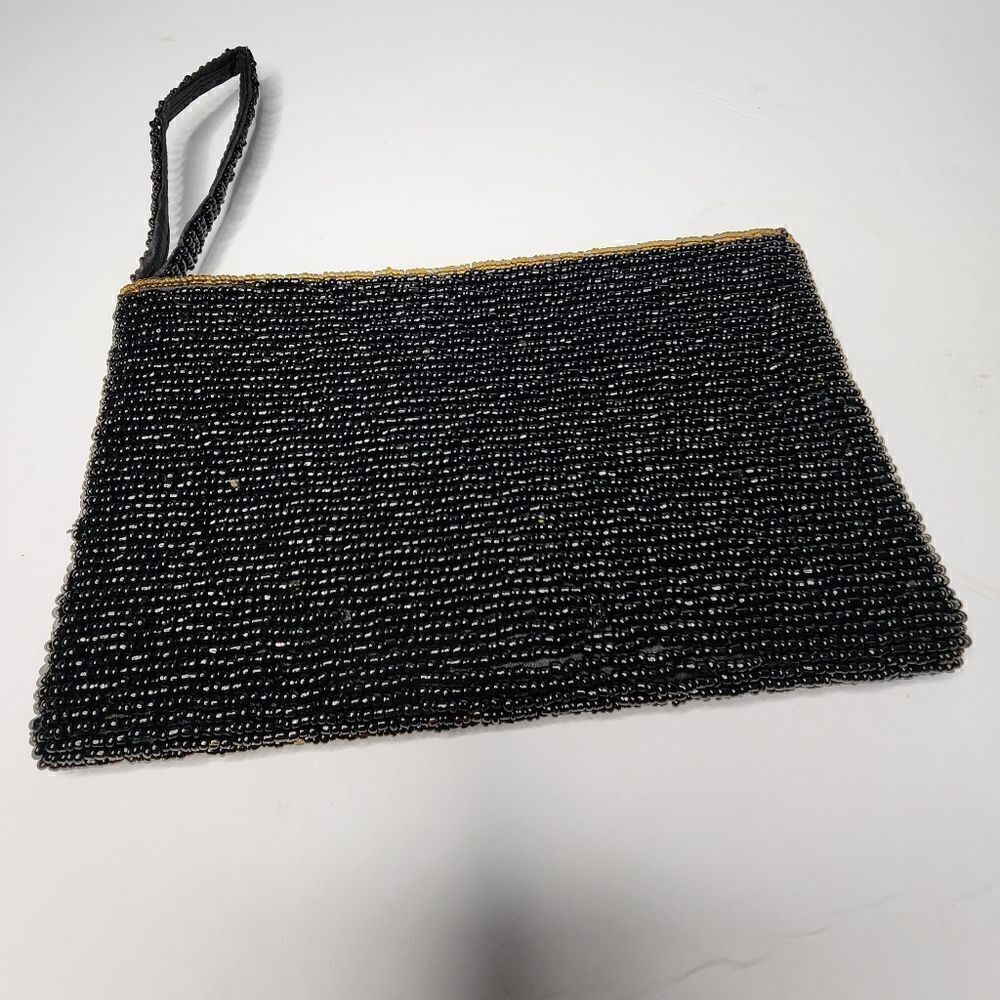 Vintage Evening Handbag Women Mini Black Beaded Satin Gold Bead Top Clutch